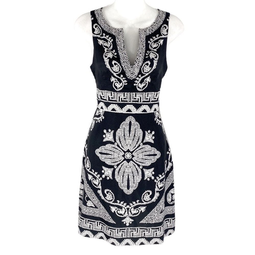 WHBM black white printed notch neck sheath dress